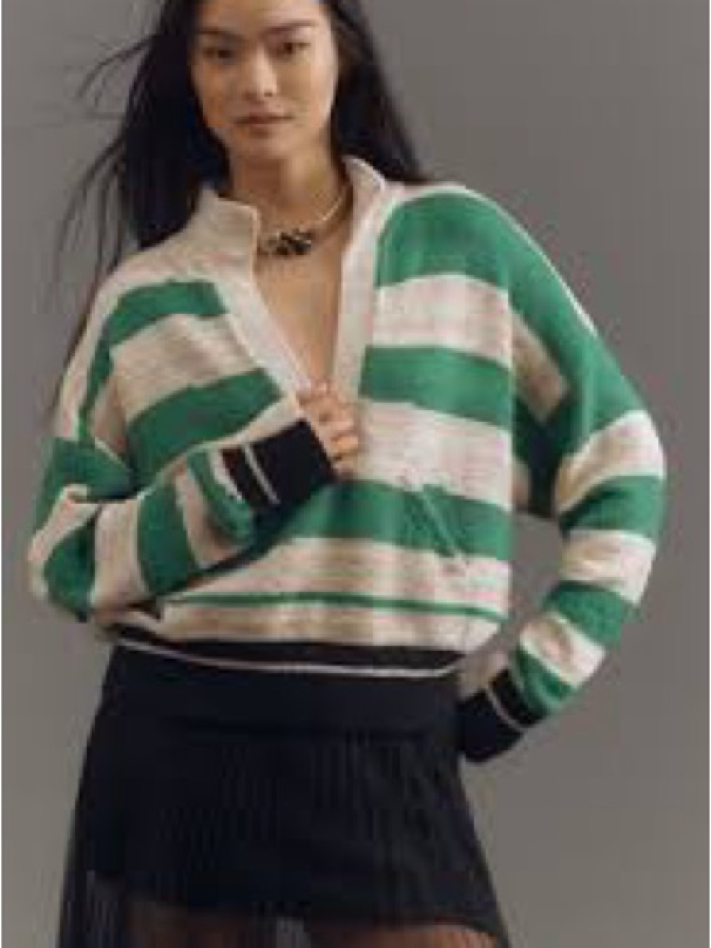 Anthropologie Plunging V_neck Rugby Striped Green and Cream Sweater